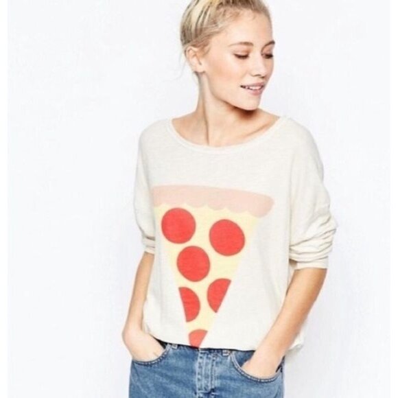 WILDFOX Tuscany Tunic Hot Slice Pizza Sweater Top Oversized Cream Size L - Picture 1 of 12